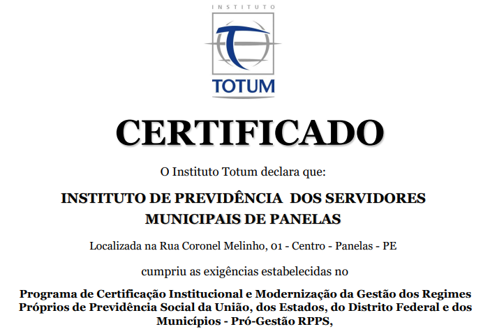 INSTITUTO DE PREVIDÊNCIA DE PANELAS CONQUISTA CERTIFICAÇÃO DO PRÓ-GESTÃO RPPS
